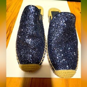 24HR SALES ToryBurch Max Azul Glitter Espadrille Slides Mules Flats Tamanho